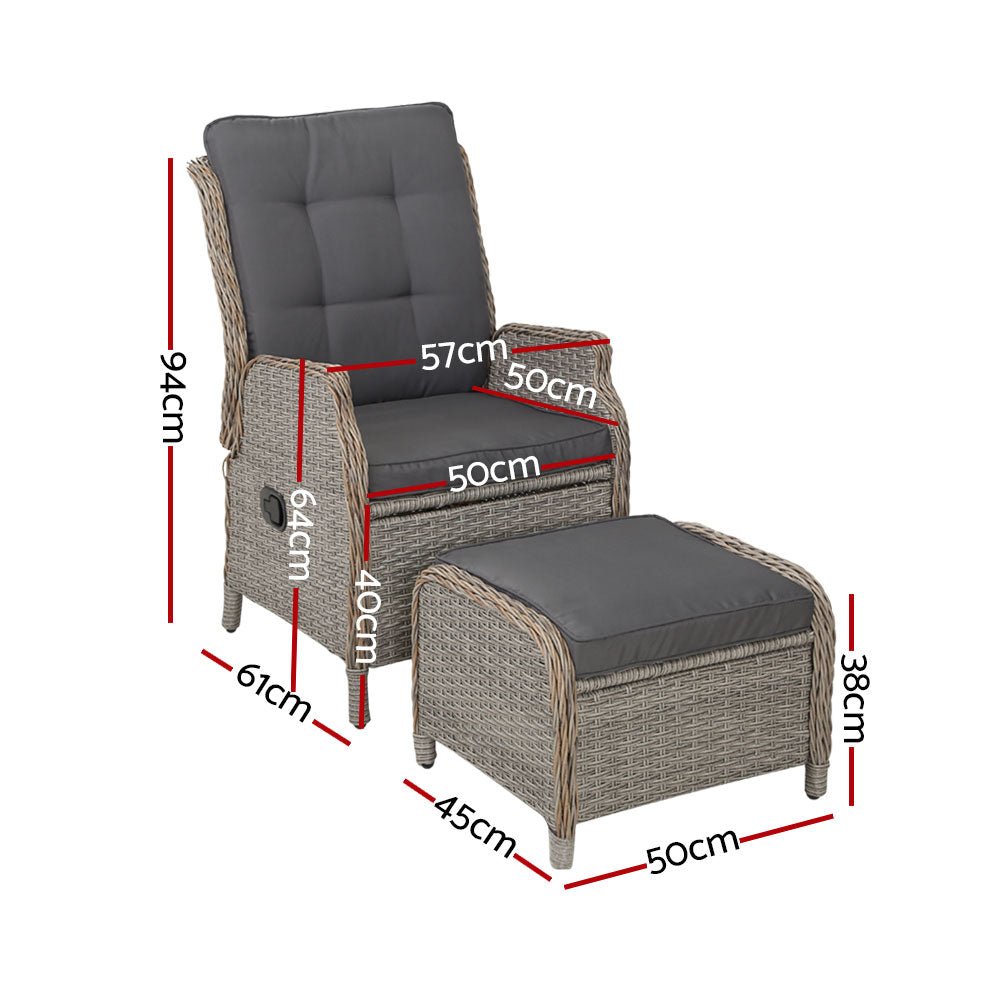 Gardeon 2PC Recliner Chair Sun lounge Wicker Lounger Outdoor Furniture Adjustable Grey - OZ Home Deals