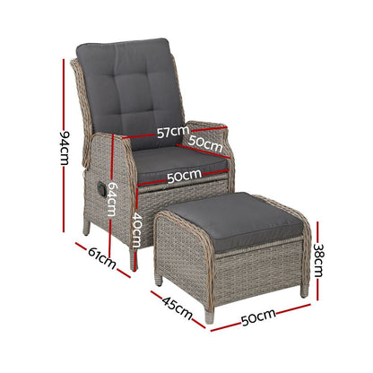 Gardeon 2PC Recliner Chair Sun lounge Wicker Lounger Outdoor Furniture Adjustable Grey - OZ Home Deals
