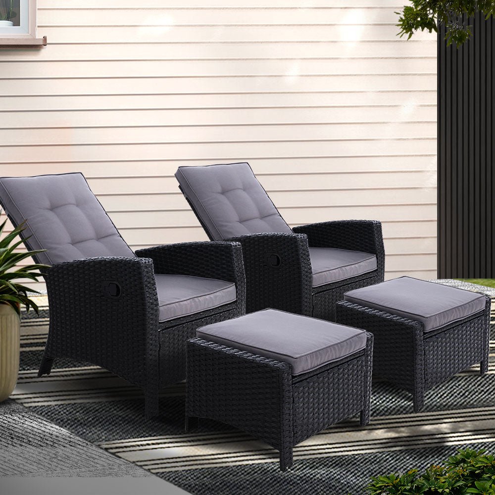 Gardeon 2PC Recliner Chairs Sun lounge Wicker Lounger Outdoor Furniture Adjustable Black - OZ Home Deals