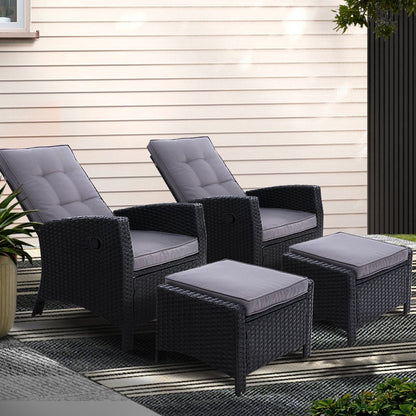 Gardeon 2PC Recliner Chairs Sun lounge Wicker Lounger Outdoor Furniture Adjustable Black - OZ Home Deals