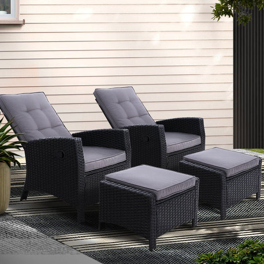 Gardeon 2PC Recliner Chairs Sun lounge Wicker Lounger Outdoor Furniture Adjustable Black - OZ Home Deals