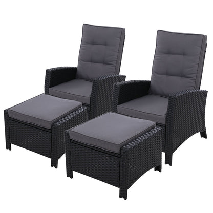 Gardeon 2PC Recliner Chairs Sun lounge Wicker Lounger Outdoor Furniture Adjustable Black - OZ Home Deals