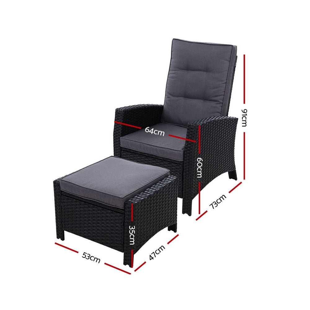 Gardeon 2PC Recliner Chairs Sun lounge Wicker Lounger Outdoor Furniture Adjustable Black - OZ Home Deals