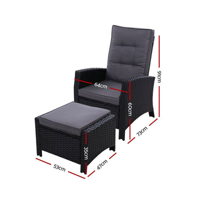 Gardeon 2PC Recliner Chairs Sun lounge Wicker Lounger Outdoor Furniture Adjustable Black - OZ Home Deals