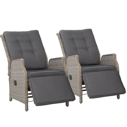 Gardeon 2PC Recliner Chairs Sun lounge Wicker Lounger Outdoor Furniture Adjustable Grey - OZ Home Deals
