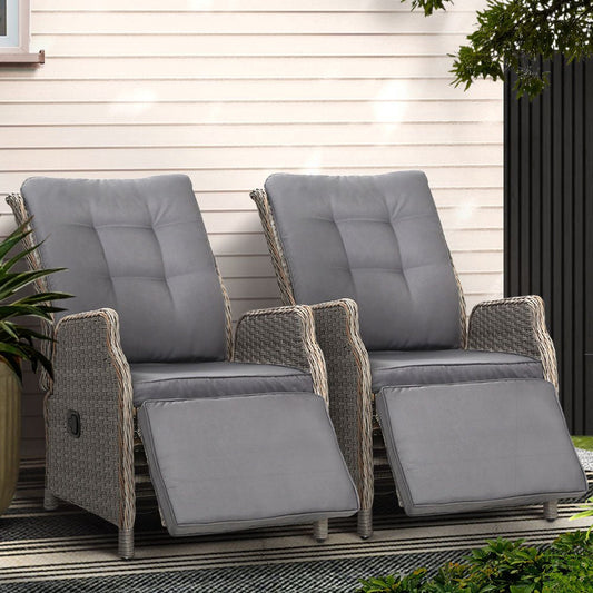 Gardeon 2PC Recliner Chairs Sun lounge Wicker Lounger Outdoor Furniture Adjustable Grey - OZ Home Deals