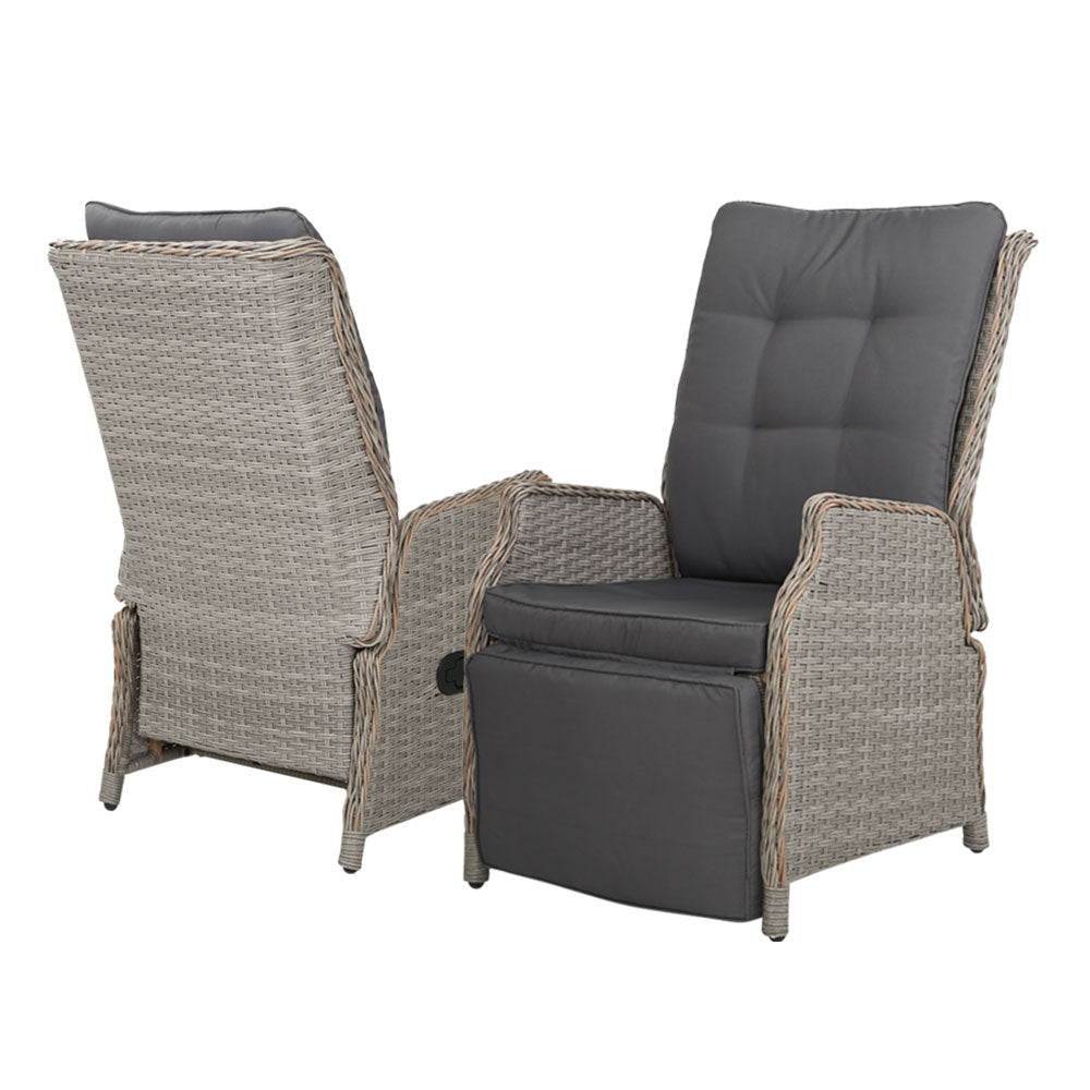 Gardeon 2PC Recliner Chairs Sun lounge Wicker Lounger Outdoor Furniture Adjustable Grey - OZ Home Deals