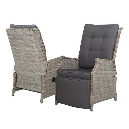 Gardeon 2PC Recliner Chairs Sun lounge Wicker Lounger Outdoor Furniture Adjustable Grey - OZ Home Deals