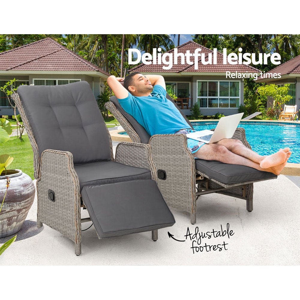Gardeon 2PC Recliner Chairs Sun lounge Wicker Lounger Outdoor Furniture Adjustable Grey - OZ Home Deals