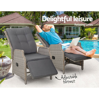 Gardeon 2PC Recliner Chairs Sun lounge Wicker Lounger Outdoor Furniture Adjustable Grey - OZ Home Deals