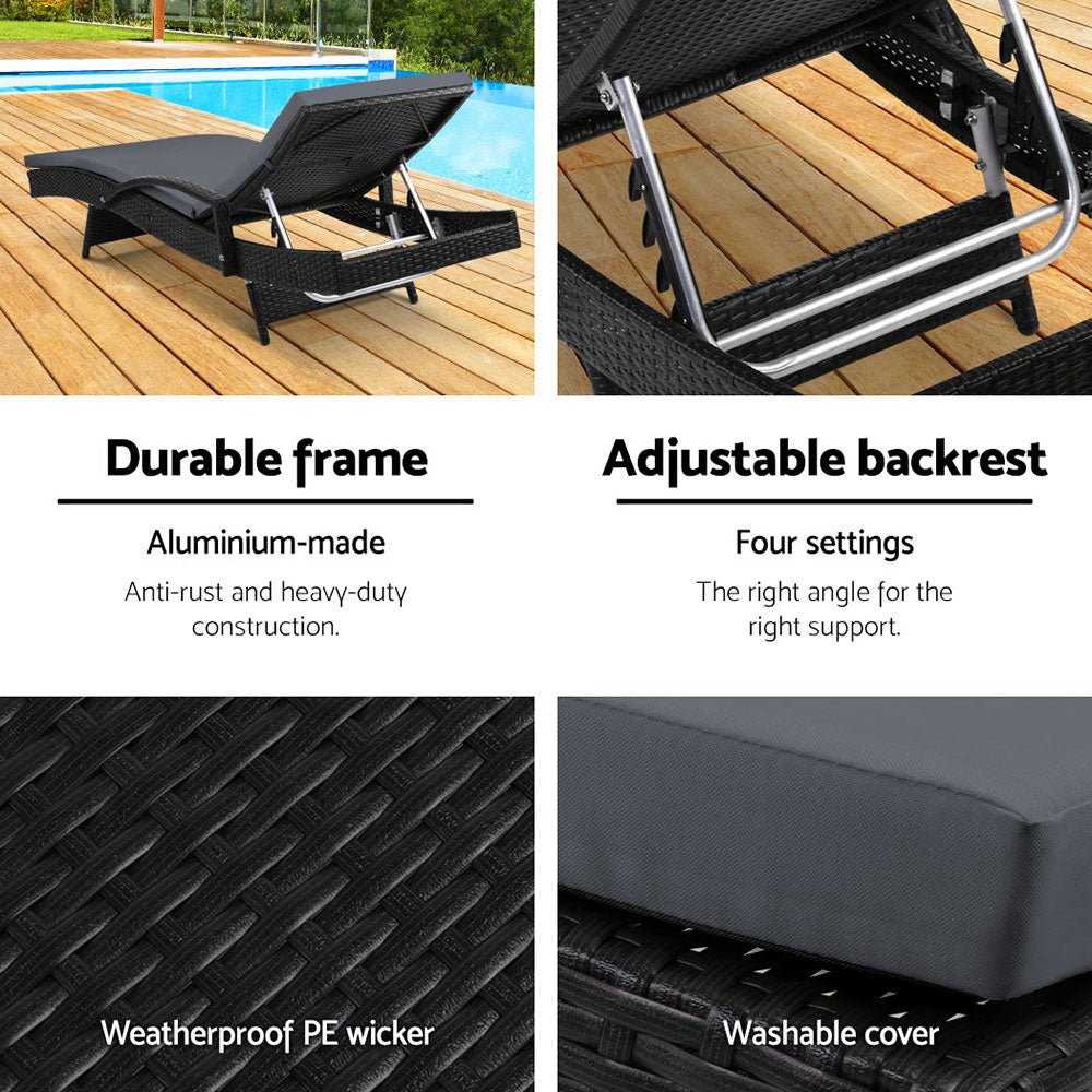 Gardeon 2PC Sun Lounge Wicker Lounger Outdoor Furniture Beach Chair Patio Adjustable Cushion Black - OZ Home Deals