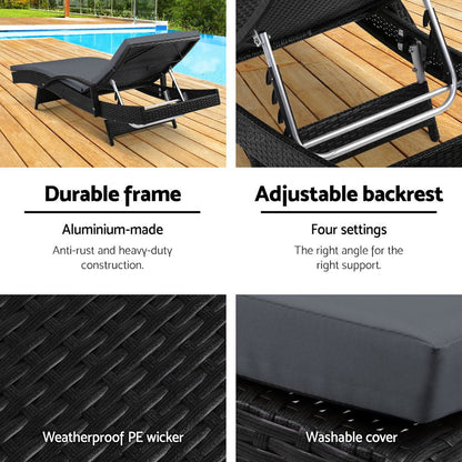 Gardeon 2PC Sun Lounge Wicker Lounger Outdoor Furniture Beach Chair Patio Adjustable Cushion Black - OZ Home Deals