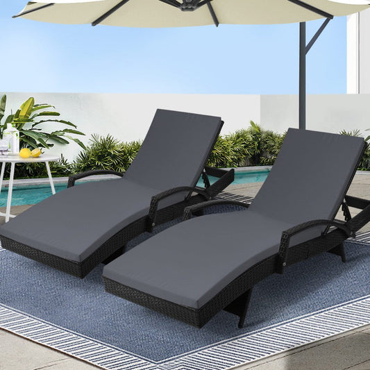 Gardeon 2PC Sun Lounge Wicker Lounger Outdoor Furniture Beach Chair Patio Adjustable Cushion Black - OZ Home Deals