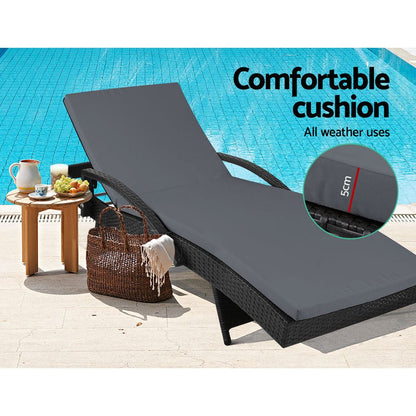 Gardeon 2PC Sun Lounge Wicker Lounger Outdoor Furniture Beach Chair Patio Adjustable Cushion Black - OZ Home Deals