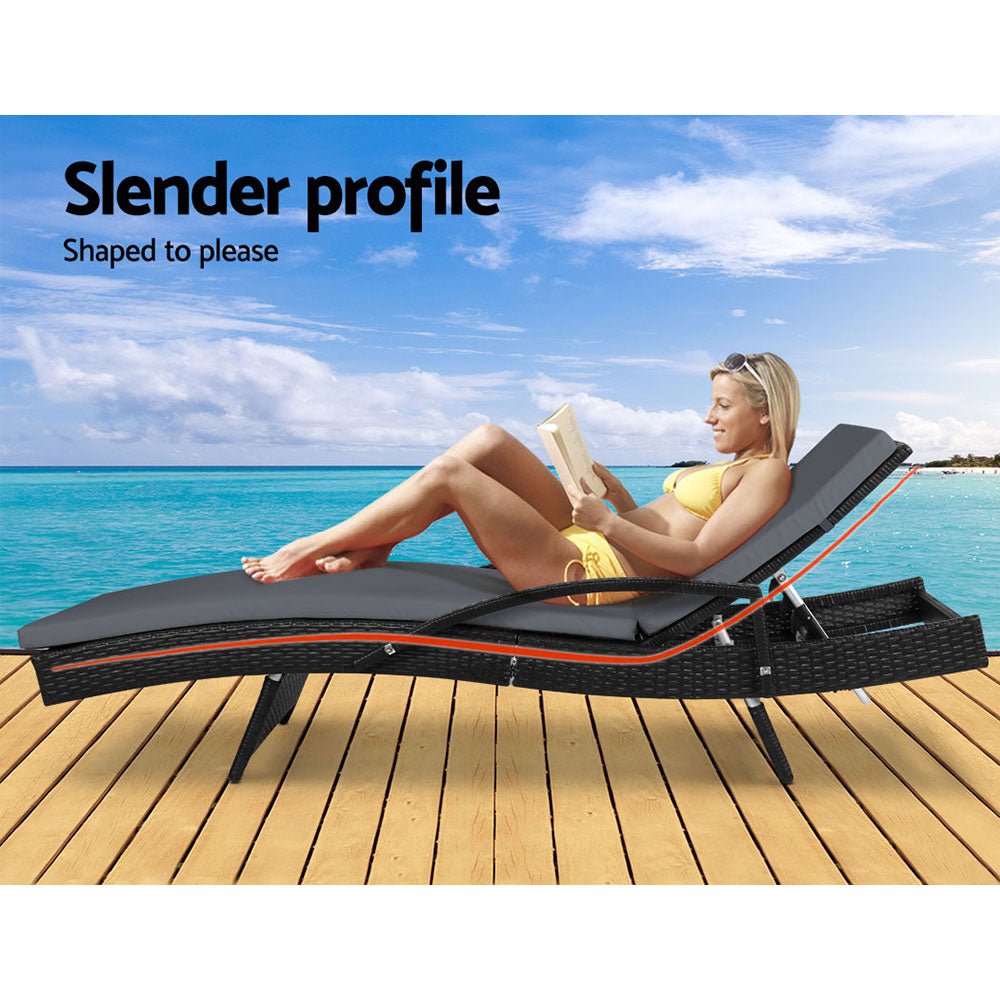 Gardeon 2PC Sun Lounge Wicker Lounger Outdoor Furniture Beach Chair Patio Adjustable Cushion Black - OZ Home Deals