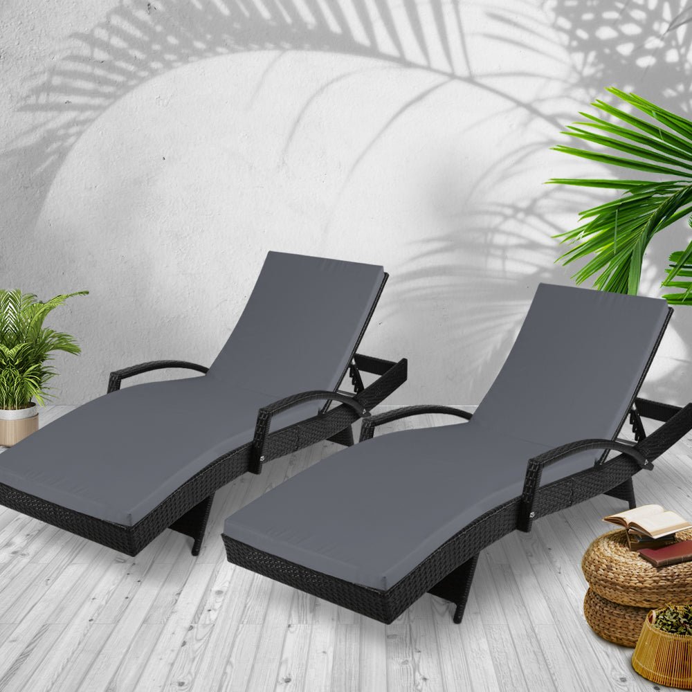 Gardeon 2PC Sun Lounge Wicker Lounger Outdoor Furniture Beach Chair Patio Adjustable Cushion Black - OZ Home Deals