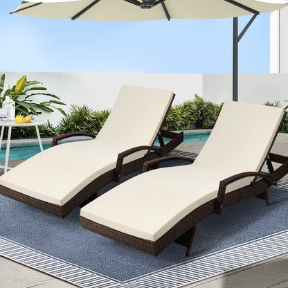 Gardeon 2PC Sun Lounge Wicker Lounger Outdoor Furniture Beach Chair Patio Adjustable Cushion Brown - OZ Home Deals