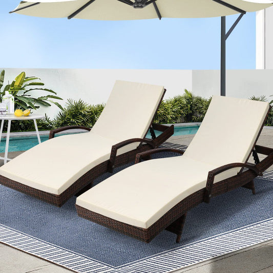 Gardeon 2PC Sun Lounge Wicker Lounger Outdoor Furniture Beach Chair Patio Adjustable Cushion Brown - OZ Home Deals