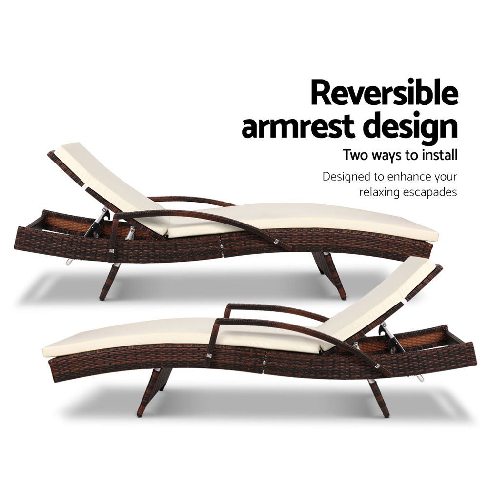 Gardeon 2PC Sun Lounge Wicker Lounger Outdoor Furniture Beach Chair Patio Adjustable Cushion Brown - OZ Home Deals