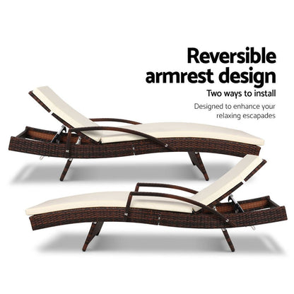 Gardeon 2PC Sun Lounge Wicker Lounger Outdoor Furniture Beach Chair Patio Adjustable Cushion Brown - OZ Home Deals