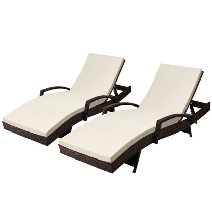 Gardeon 2PC Sun Lounge Wicker Lounger Outdoor Furniture Beach Chair Patio Adjustable Cushion Brown - OZ Home Deals