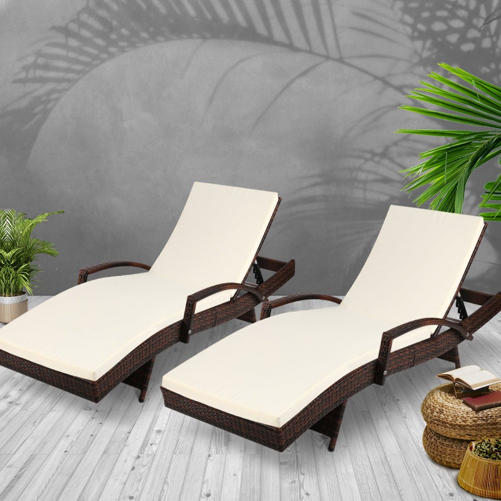 Gardeon 2PC Sun Lounge Wicker Lounger Outdoor Furniture Beach Chair Patio Adjustable Cushion Brown - OZ Home Deals