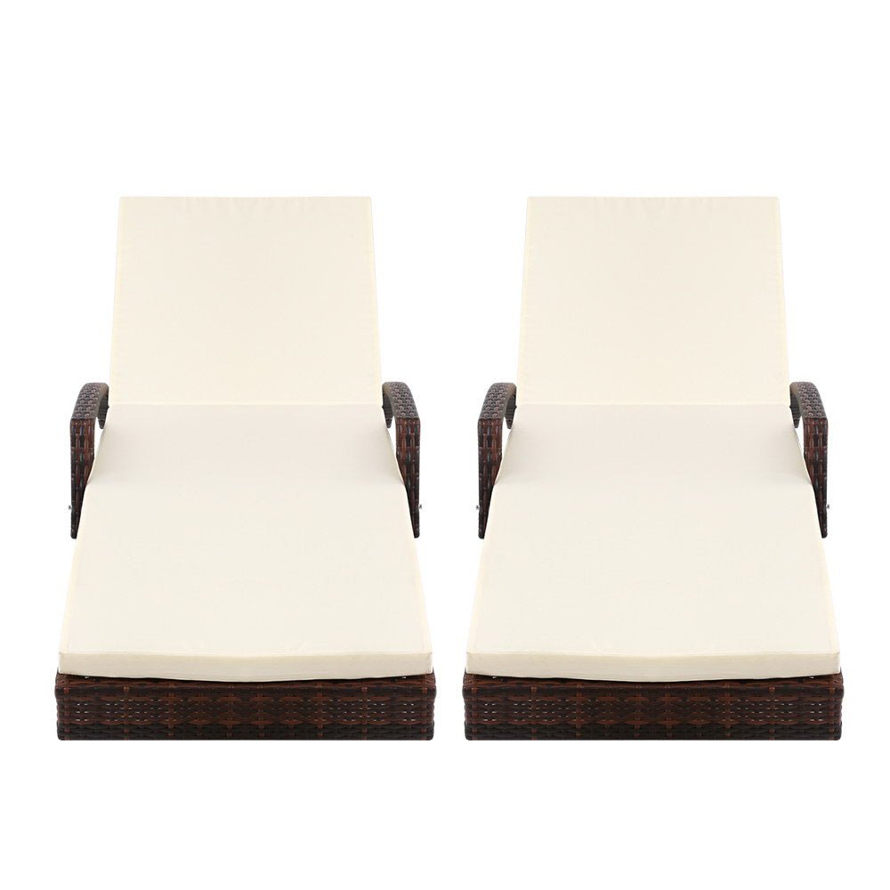 Gardeon 2PC Sun Lounge Wicker Lounger Outdoor Furniture Beach Chair Patio Adjustable Cushion Brown - OZ Home Deals