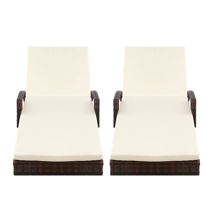 Gardeon 2PC Sun Lounge Wicker Lounger Outdoor Furniture Beach Chair Patio Adjustable Cushion Brown - OZ Home Deals
