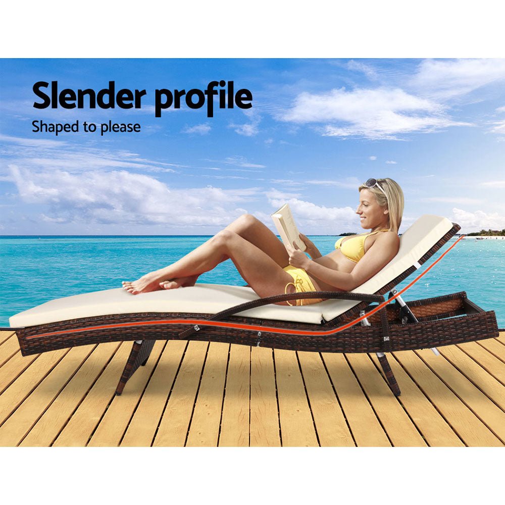 Gardeon 2PC Sun Lounge Wicker Lounger Outdoor Furniture Beach Chair Patio Adjustable Cushion Brown - OZ Home Deals