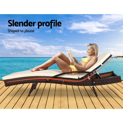 Gardeon 2PC Sun Lounge Wicker Lounger Outdoor Furniture Beach Chair Patio Adjustable Cushion Brown - OZ Home Deals