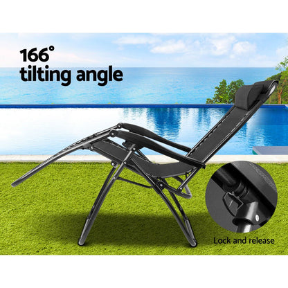 Gardeon 2PC Zero Gravity Chair Folding Outdoor Recliner Adjustable Sun Lounge Camping Black - OZ Home Deals
