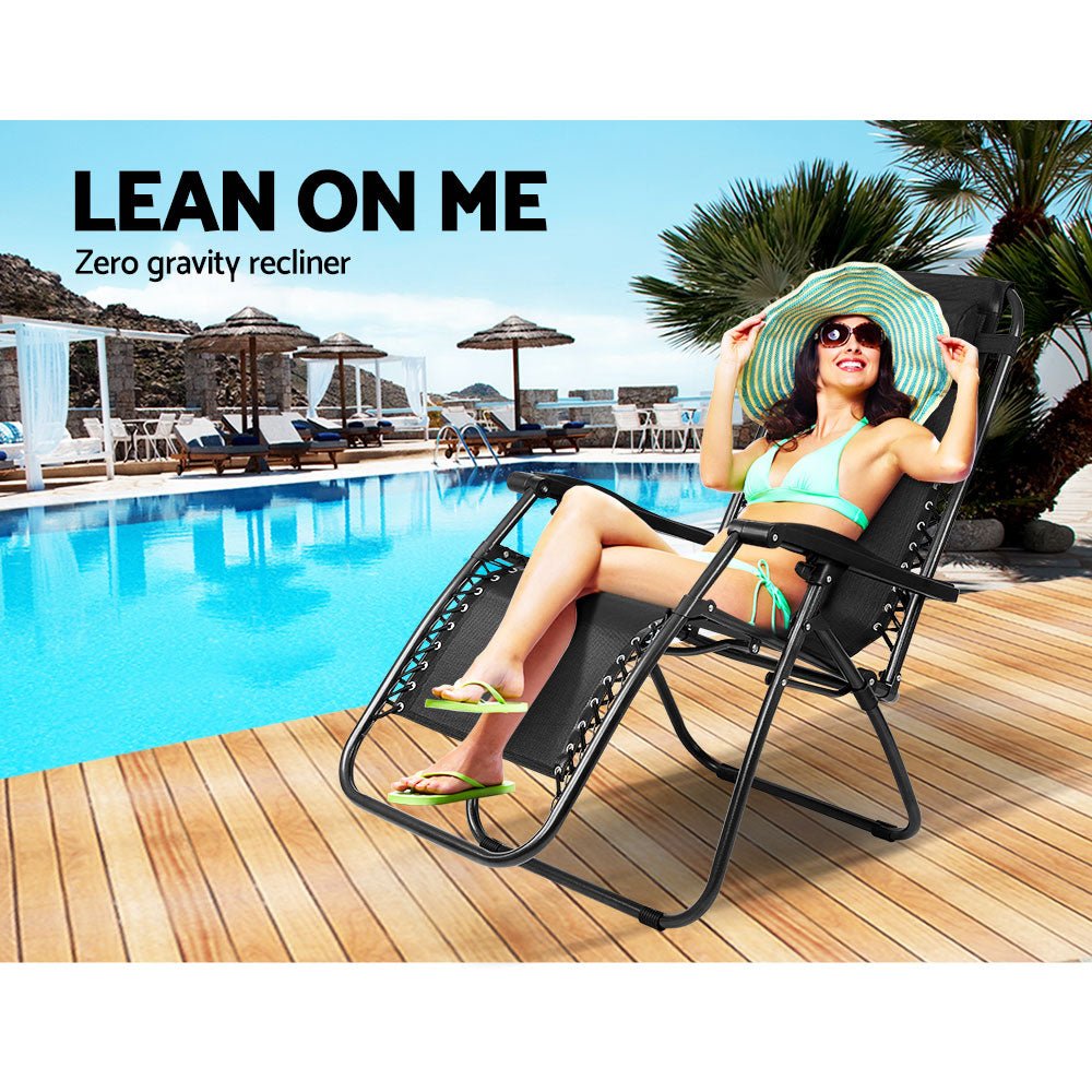 Gardeon 2PC Zero Gravity Chair Folding Outdoor Recliner Adjustable Sun Lounge Camping Black - OZ Home Deals