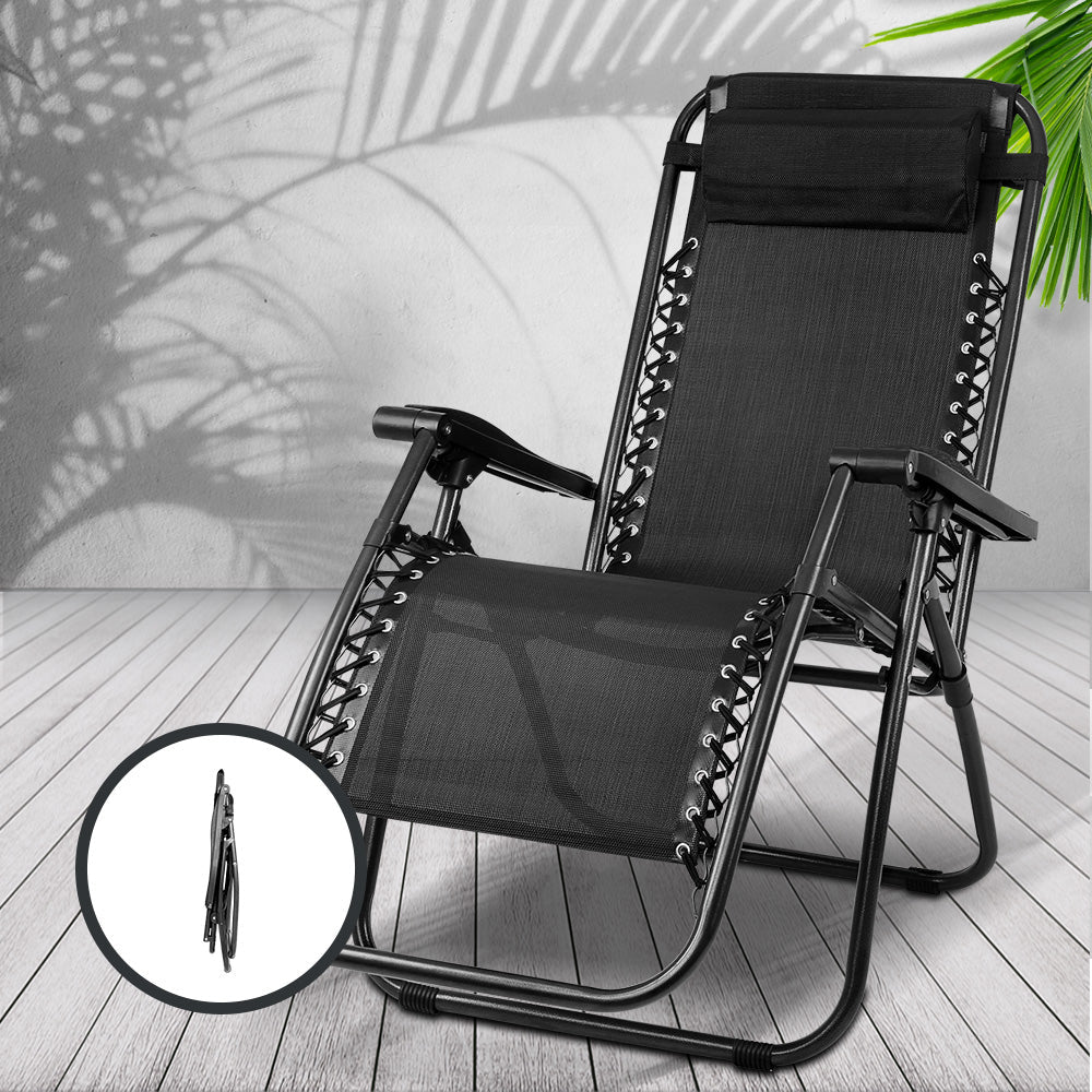 Gardeon 2PC Zero Gravity Chair Folding Outdoor Recliner Adjustable Sun Lounge Camping Black - OZ Home Deals