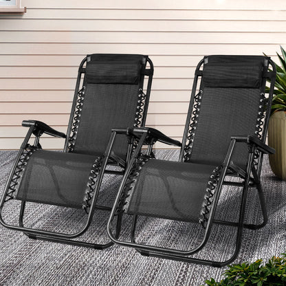 Gardeon 2PC Zero Gravity Chair Folding Outdoor Recliner Adjustable Sun Lounge Camping Black - OZ Home Deals