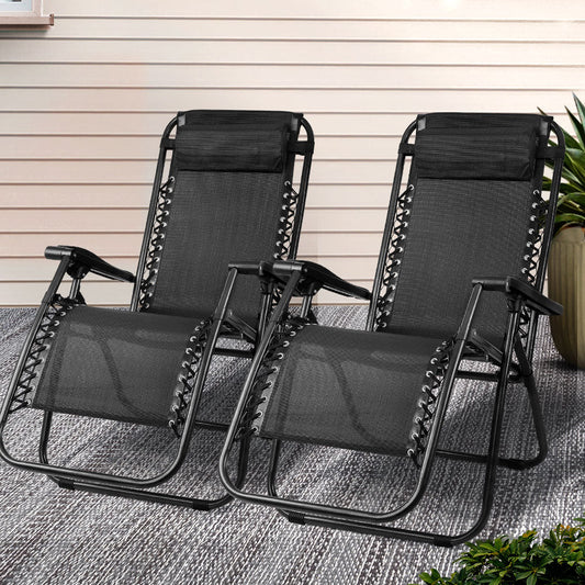 Gardeon 2PC Zero Gravity Chair Folding Outdoor Recliner Adjustable Sun Lounge Camping Black - OZ Home Deals