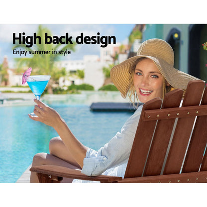 Gardeon 3PC Adirondack Outdoor Table and Chairs Wooden Beach Chair Brown - OZ Home Deals