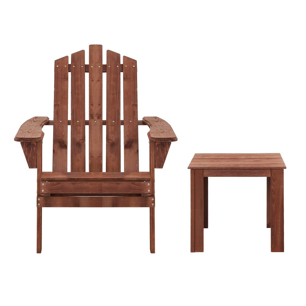 Gardeon 3PC Adirondack Outdoor Table and Chairs Wooden Beach Chair Brown - OZ Home Deals