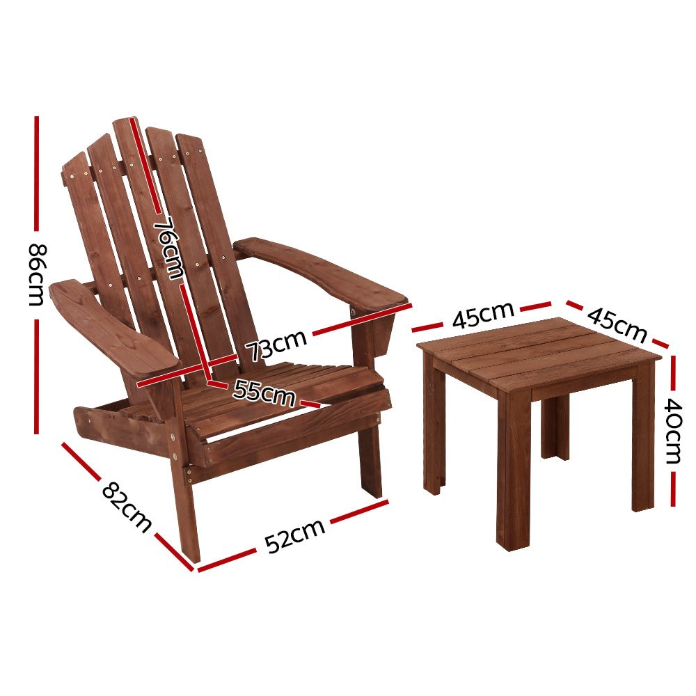 Gardeon 3PC Adirondack Outdoor Table and Chairs Wooden Beach Chair Brown - OZ Home Deals