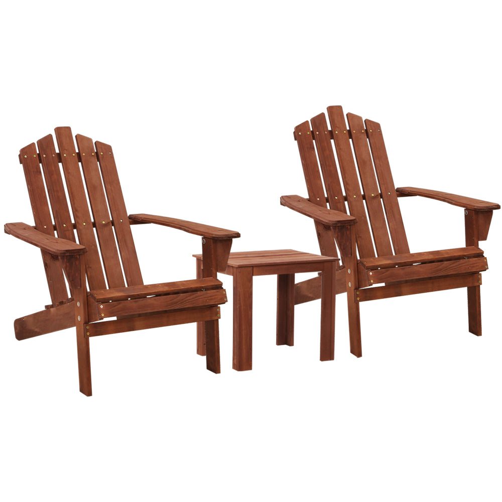 Gardeon 3PC Adirondack Outdoor Table and Chairs Wooden Beach Chair Brown - OZ Home Deals