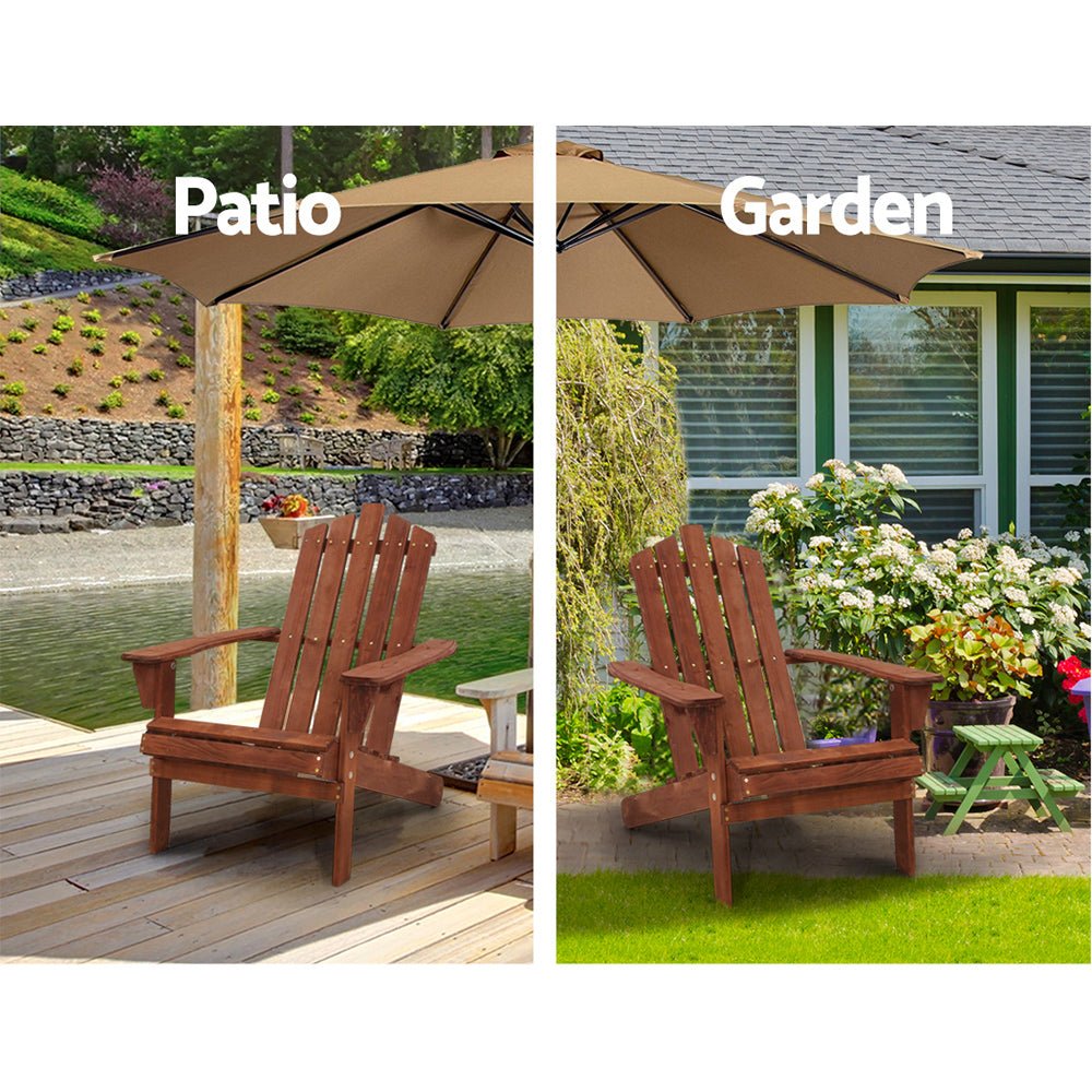 Gardeon 3PC Adirondack Outdoor Table and Chairs Wooden Beach Chair Brown - OZ Home Deals