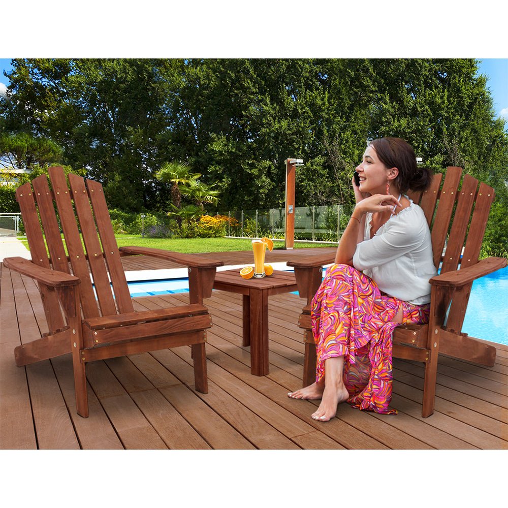 Gardeon 3PC Adirondack Outdoor Table and Chairs Wooden Beach Chair Brown - OZ Home Deals