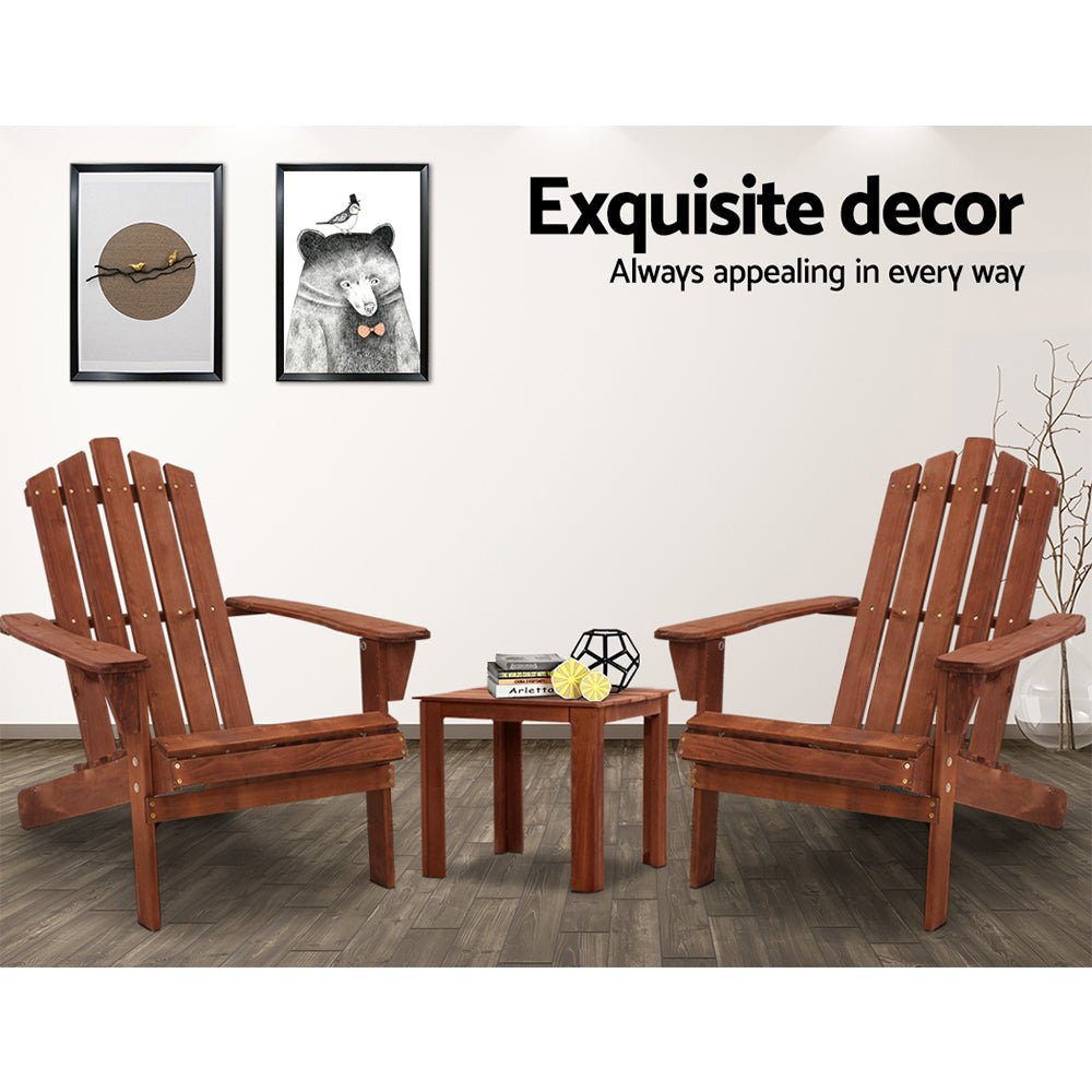 Gardeon 3PC Adirondack Outdoor Table and Chairs Wooden Beach Chair Brown - OZ Home Deals
