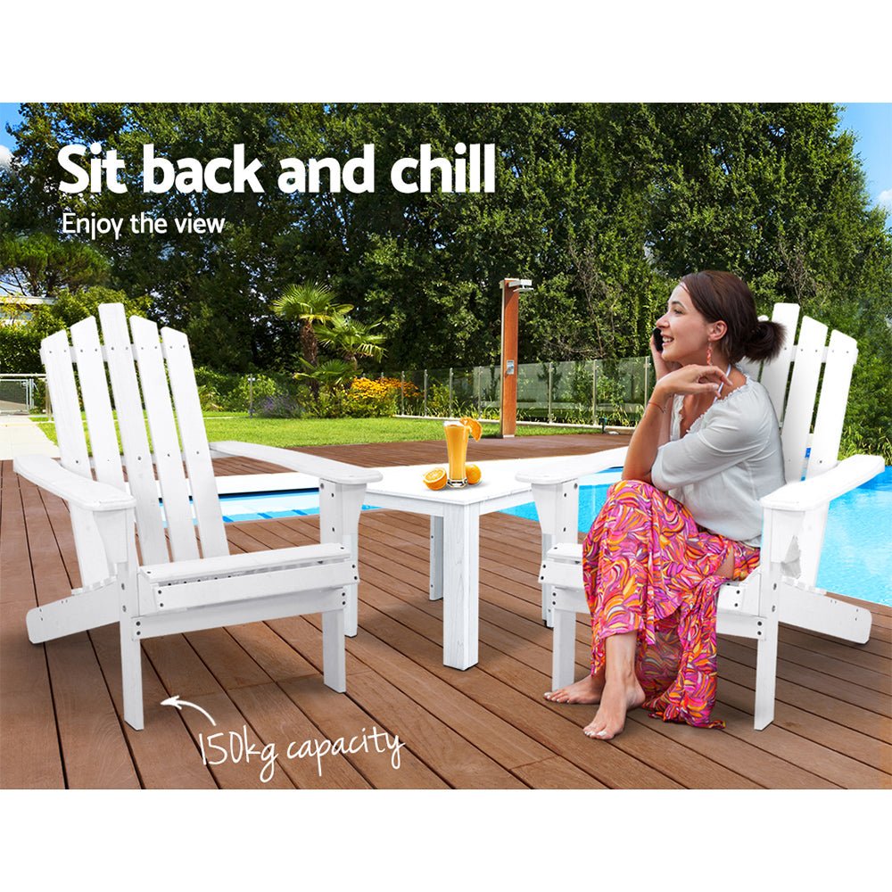 Gardeon 3PC Adirondack Outdoor Table and Chairs Wooden Beach Chair White - OZ Home Deals