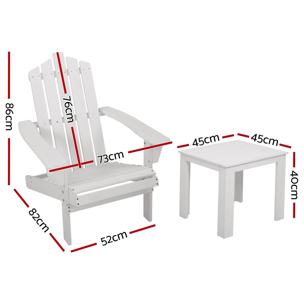 Gardeon 3PC Adirondack Outdoor Table and Chairs Wooden Beach Chair White - OZ Home Deals