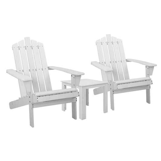 Gardeon 3PC Adirondack Outdoor Table and Chairs Wooden Beach Chair White - OZ Home Deals