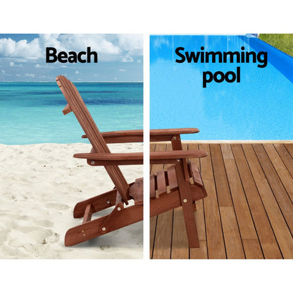 Gardeon 3PC Adirondack Outdoor Table and Chairs Wooden Foldable Beach Chair Brown - OZ Home Deals