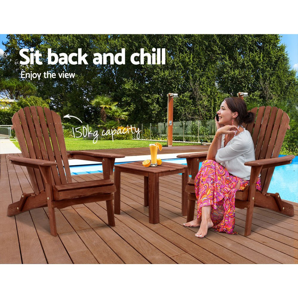 Gardeon 3PC Adirondack Outdoor Table and Chairs Wooden Foldable Beach Chair Brown - OZ Home Deals