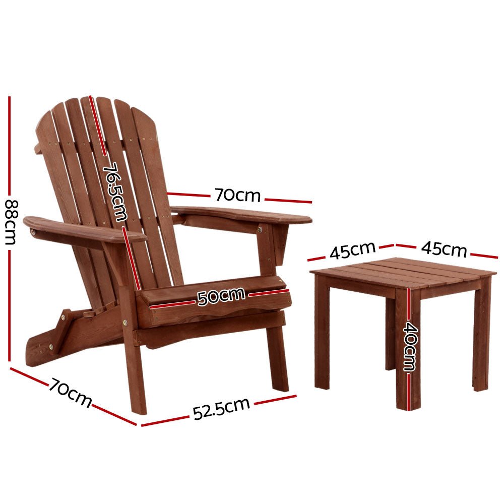 Gardeon 3PC Adirondack Outdoor Table and Chairs Wooden Foldable Beach Chair Brown - OZ Home Deals
