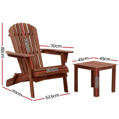 Gardeon 3PC Adirondack Outdoor Table and Chairs Wooden Foldable Beach Chair Brown - OZ Home Deals