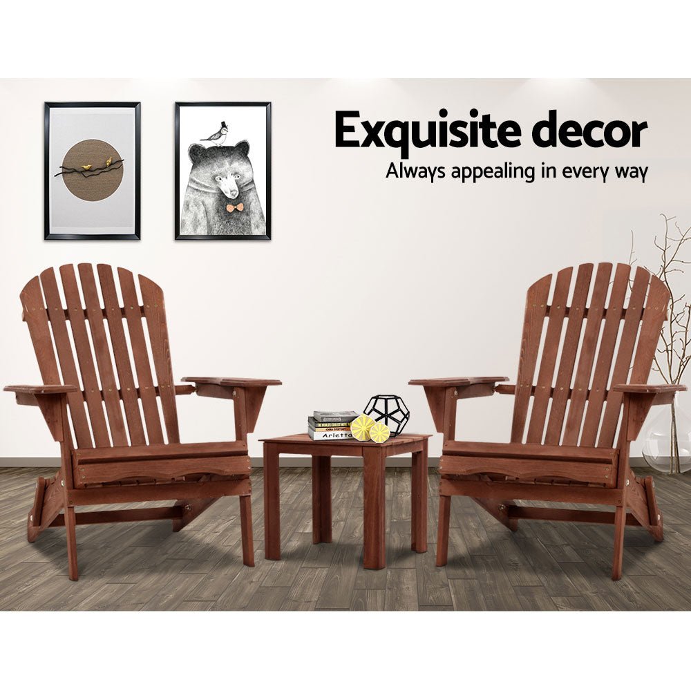 Gardeon 3PC Adirondack Outdoor Table and Chairs Wooden Foldable Beach Chair Brown - OZ Home Deals